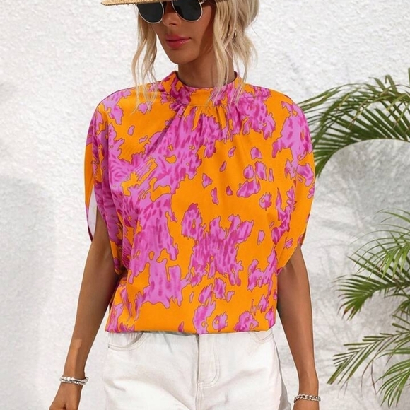 Womens' Stand Collar Tie-Dye Batwing Sleeve Shirt - Picture 2 of 5